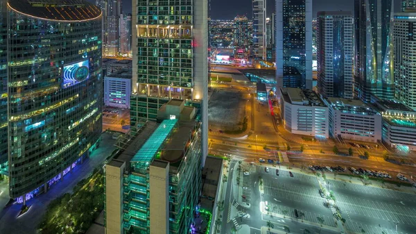 Dubaj Mezinárodní Finanční Centrum Mrakodrapy Letecké Noci Timelapse Světelné Věže — Stock fotografie