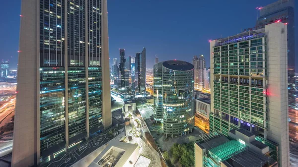 Dubai Internationella Finansiella Centrum Skyskrapor Antenn Natt Till Dag Övergång — Stockfoto