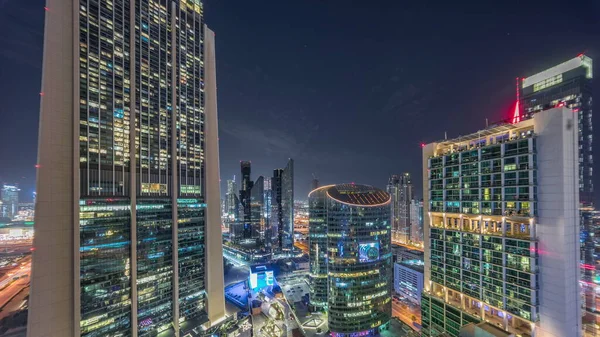 Dubai Internationella Finansiella Centrum Skyskrapor Panorama Antenn Hela Natten Timelapse — Stockfoto