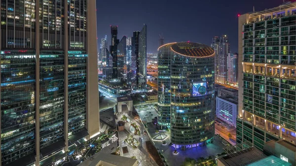 Dubai International Financial Center Skyscrapers Aerial All Night Timelapse Illuminated — Stock Photo, Image