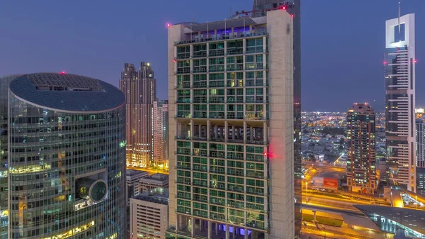 Международный Финансовый Центр Дубая Небоскребы Воздушные Ночь День Переходный Период — стоковое фото
