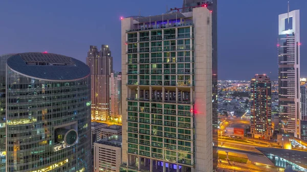 Dubai International Financial Center Skyscrapers Aerial Night Day Transition Timelapse — Stock Photo, Image