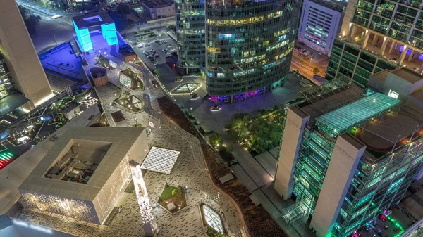Dubai Uluslararası Finans Merkezi Gökdelenleri Cami Hava Gece Zaman Çizelgesi — Stok fotoğraf