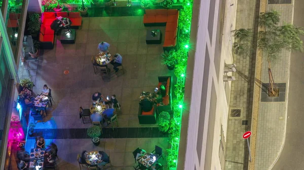 Outdoor Terrace Tables Chairs Restaurant Aerial Top View Night Timelapse — Stock Photo, Image