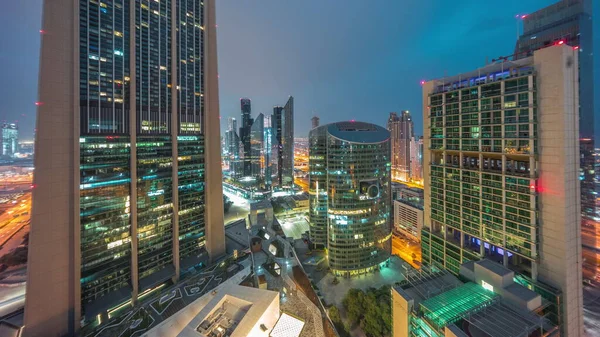 Διεθνές Χρηματοπιστωτικό Κέντρο Του Ντουμπάι Ουρανοξύστες Πανόραμα Εναέρια Νύχτα Την — Φωτογραφία Αρχείου