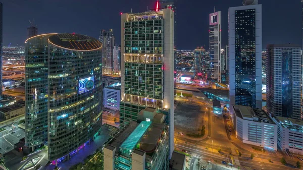 Dubai International Financial Center Skyscrapers Aerial Timelapse Illuminated Towers Parking — Stock Photo, Image