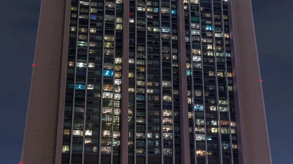 Big Glowing Blinking Windows Modern Office Residential Building Timelapse Night — Stock Photo, Image