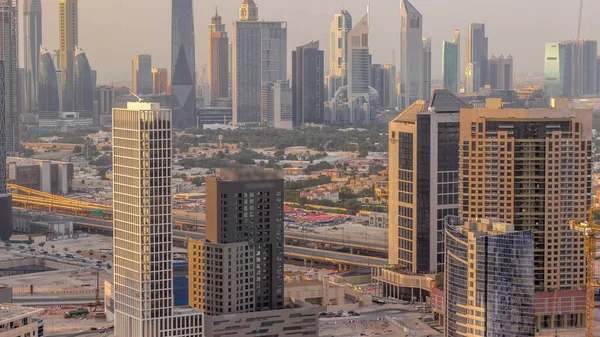 Filas Rascacielos Distrito Financiero Dubai Timelapse Aéreo Durante Puesta Del — Foto de Stock