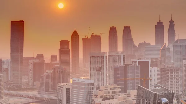 Skyline Modern Építészet Dubai Üzleti Bay Tornyok Naplementekor Légi Felvétel — Stock Fotó