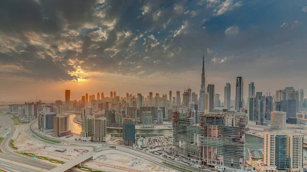 Skyline Modern Architecture Dubai Business Bay Towers Downtown Sunset Timelapse — Stock Photo, Image