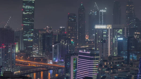 Skyline Con Arquitectura Moderna Dubai Business Bay Iluminado Torres Timelapse — Foto de Stock