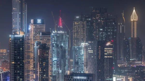 Rijen Wolkenkrabbers Het Financiële District Dubai Bouwplaats Met Kranen Luchtfoto — Stockfoto