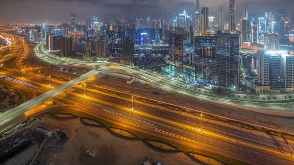 Panoramic Skyline Dubai Business Bay Downtown District Night Day Transition — Stock Photo, Image