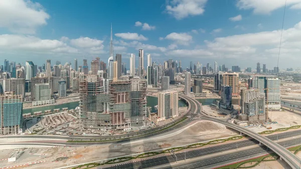 Dubai Nin Panoramik Silueti Sahası Şehir Merkezi Zaman Çizelgesi Nşaat — Stok fotoğraf