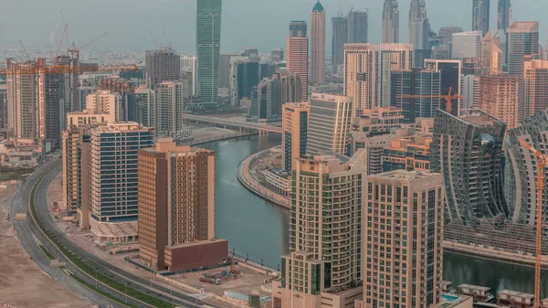 Skyline Modern Architecture Dubai Business Bay Towers Morning Timelapse Aerial — Stock Photo, Image