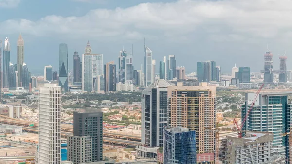 Arranha Céus Área Financeira Baía Negócios Dubai Timelapse Aérea Vista — Fotografia de Stock