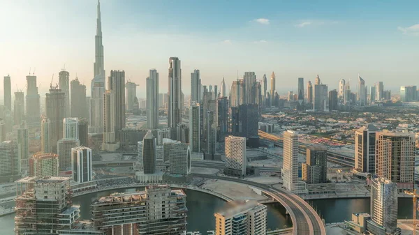 Panorámás Kilátást Dubai Üzleti Öbölben Belvárosi Kerületben Timelapse Este Naplemente — Stock Fotó