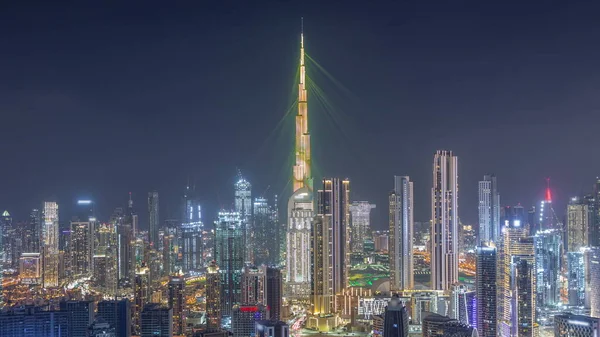 Panoramic Skyline Dubai Downtown Business Bay District Night Timelapse Aerial — Stock Photo, Image