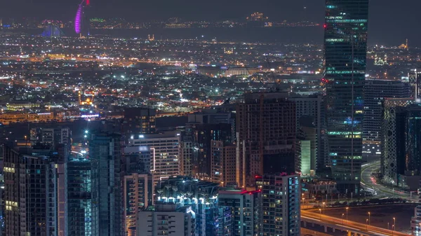 Skyline Modern Építészet Dubai Üzleti Öböl Megvilágított Tornyok Házak Villák — Stock Fotó