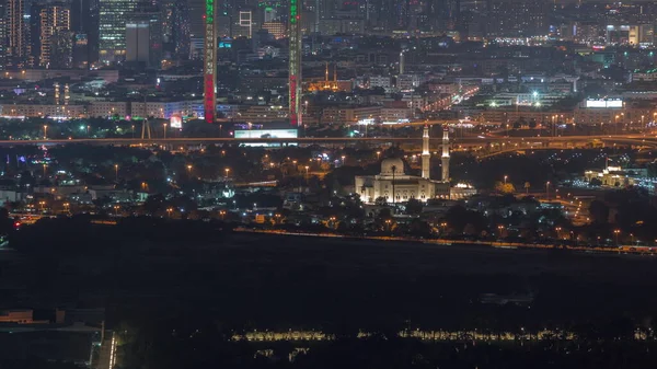 Skyline Dubai City Nowoczesnymi Drapaczami Chmur Oświetlonym Meczetem Dzielnicy Deira — Zdjęcie stockowe