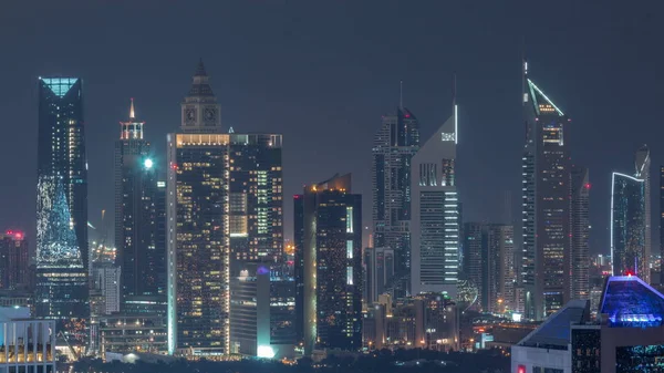 Linhas Arranha Céus Distrito Financeiro Dubai Aéreo Durante Toda Noite — Fotografia de Stock