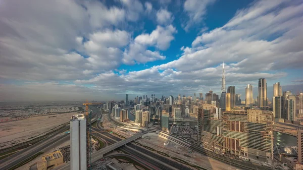 Skyline Panorâmico Dubai Com Baía Negócios Centro Cidade Timelapse Manhã — Fotografia de Stock
