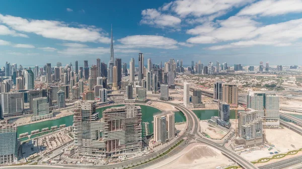 Panorámás Kilátást Dubai Üzleti Öbölben Belvárosban Kerület Timelapse Légi Kilátás — Stock Fotó