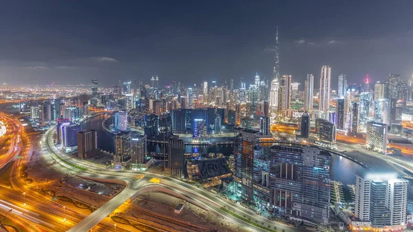 Skyline Panorámico Dubai Con Canal Bahía Negocios Timelapse Noche Distrito —  Fotos de Stock