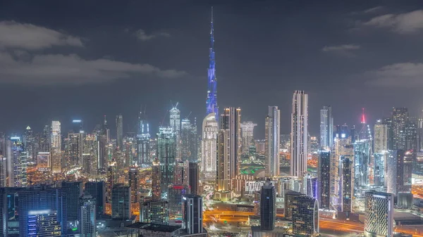 Panoramiczna Panorama Dubaju Zatoką Biznesową Centrum Dzielnicy Nocy Timelapse Góry — Zdjęcie stockowe