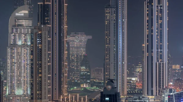 Panoramiczna Panorama Dubaju Zatoką Biznesową Centrum Dzielnicy Nocy Timelapse Widok — Zdjęcie stockowe