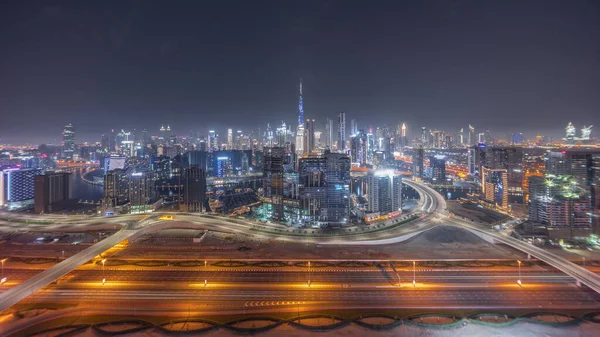 Skyline Panorámico Dubai Con Bahía Negocios Distrito Del Centro Durante — Foto de Stock