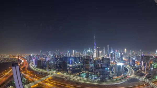 Skyline Panorámico Dubai Con Bahía Negocios Distrito Del Centro Durante —  Fotos de Stock