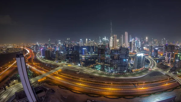 Панорамний Краєвид Дубая Діловим Відсіком Міським Окружним Вечірнім Таймелапсом Повітряний — стокове фото