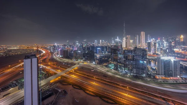 Panorámás Kilátást Dubai Üzleti Öbölben Belvárosban Kerület Éjszakai Időbeosztás Légi — Stock Fotó