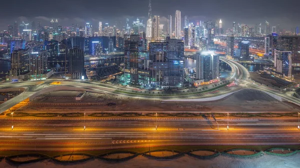 Panoramautsikt Över Dubai Med Affärsvik Och Timelapse Mitt Stan Flygfoto — Stockfoto