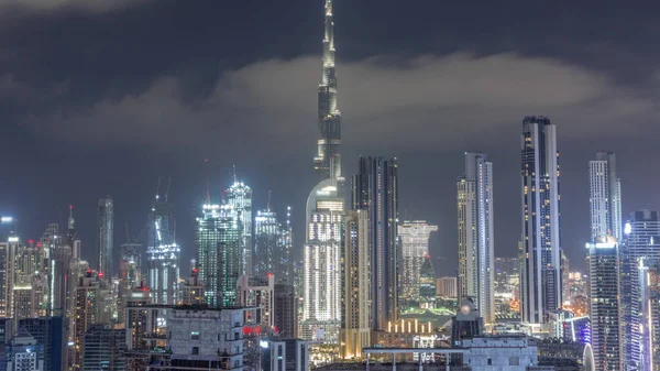 Panorámás Kilátást Dubai Üzleti Öbölben Belvárosban Sok Daru Építési Területen — Stock Fotó