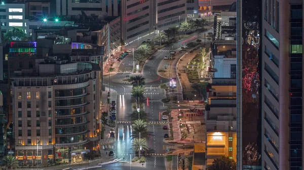 Aerial View Road Circle Intersection Traffic Skyscrapers Night Timelapse Urban — Stock Photo, Image