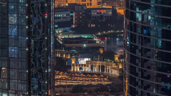 Aerial View Dubai Internet City Lake Fountain Buildings Night Timelapse — Stock Photo, Image