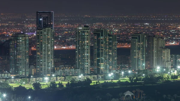 Αεροφωτογραφία Της Περιοχής Πρασίνου Περιοχή Νύχτα Timelapse Από Ντουμπάι Μαρίνα — Φωτογραφία Αρχείου