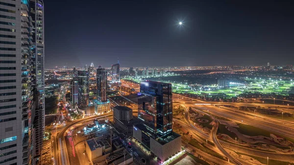 Panorama Showing Media City Dubai Marina Jlt Illuminated Skyscrapers Sheikh — Stock Photo, Image