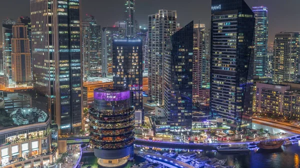 Dubai Marina Skyline Jlt District Skyscrapers Background Aerial Night Timelapse — Stock Photo, Image