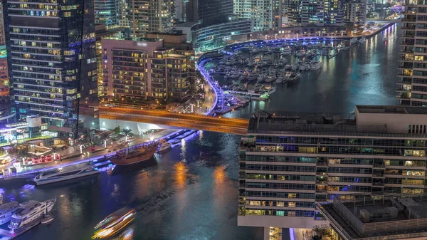 Aerial View Dubai Marina Waterfront Illuminated Skyscrapers Canal Floating Yachts — Stock Photo, Image