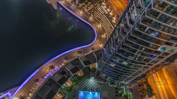 Dubai Marina Illuminated Promenade Waterfront Canal Swimming Pool Skyscraper Aerial — Stock Photo, Image