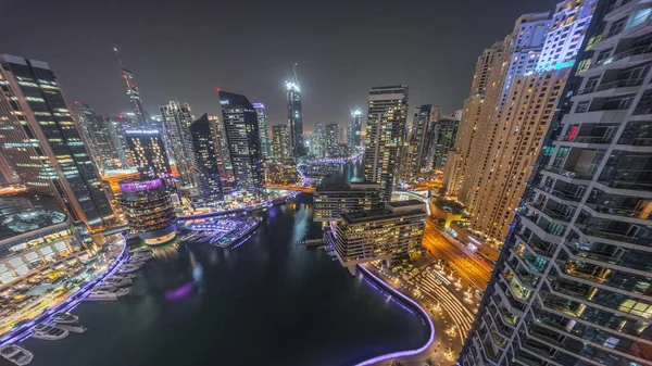 Повітряний Погляд Вниз Панорамний Вид Дубай Марина Освітлює Хмарочоси Навколо — стокове фото