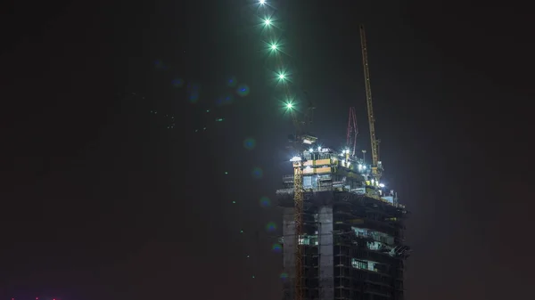 Skyskrapa Konstruktion Med Kranar Och Järnram Natt Timelapse Byggande Ett — Stockfoto