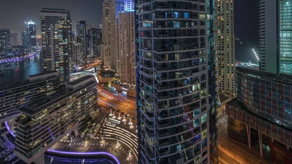 Panorama Showing Aerial View Dubai Marina Illuminated Skyscrapers Canal Floating — Stock Photo, Image