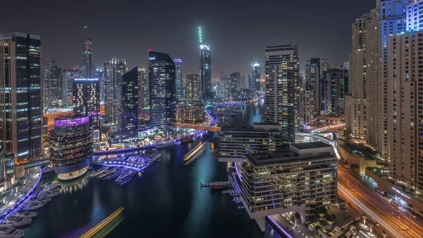 Aerial Panoramic View Dubai Marina Illuminated Skyscrapers Canal Floating Yachts — Stock Photo, Image