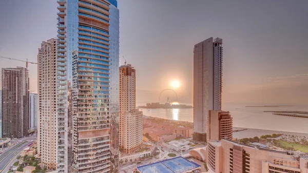 Vista Panorámica Puesta Sol Marina Dubái Zona Jbr Famoso Timelapse —  Fotos de Stock