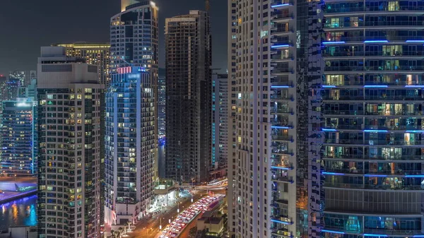 Dubai Marina Skyline Jbr Kerület Felhőkarcolók Egy Háttér Légi Éjszakai — Stock Fotó