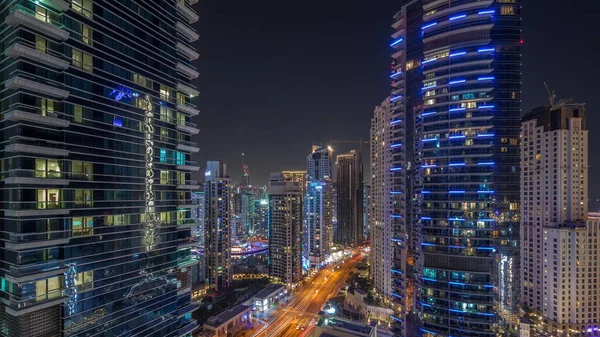 Dubai Marina Jbr Bölgesinin Panoramik Hava Görüntüsü Tüm Gece Boyunca — Stok fotoğraf